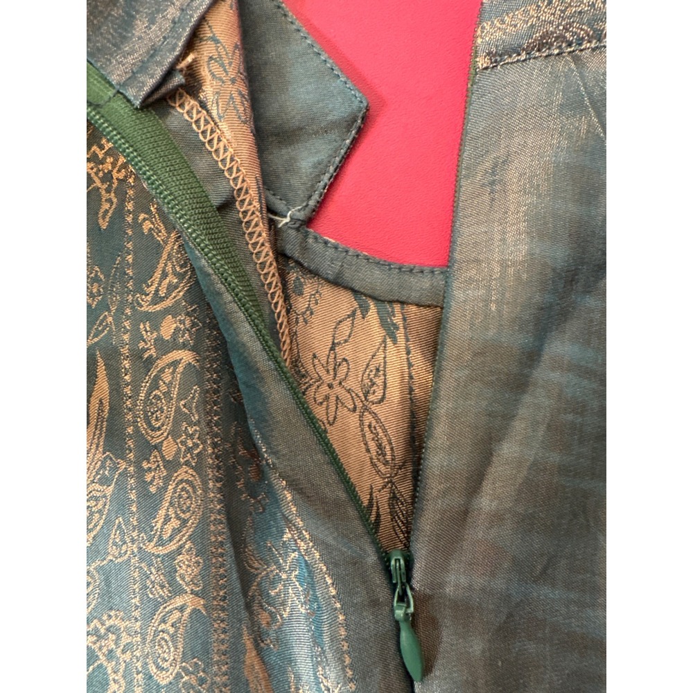 KENLY SILK Blue Bronze Brocade Vietnamese Ao Dai Maxi Dress L Frog Buttons Luxe - Picture 8 of 12